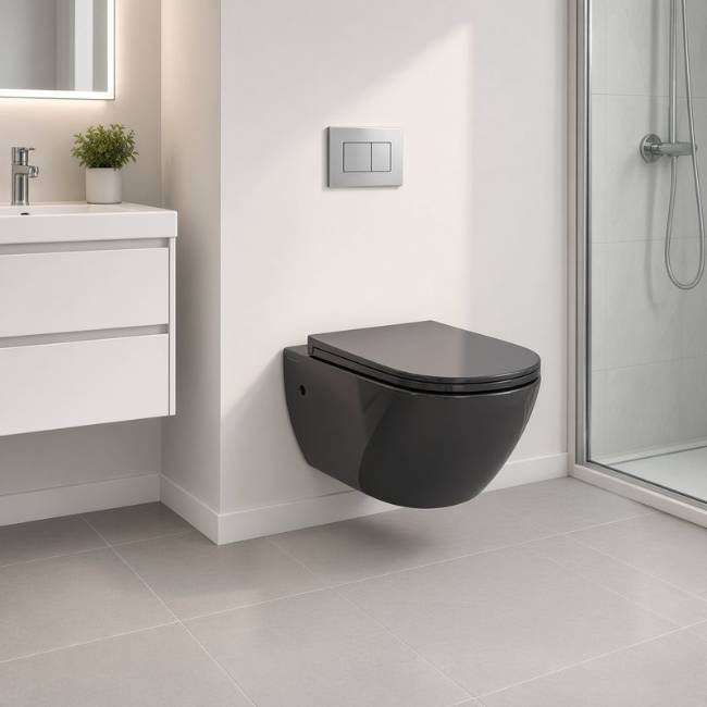 Black Capris wall-mount toilet in a modern bathroom, front-left view