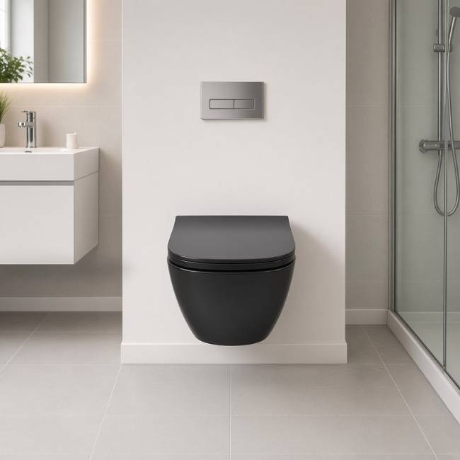 Black Capris wall-mount toilet in a modern bathroom, front view