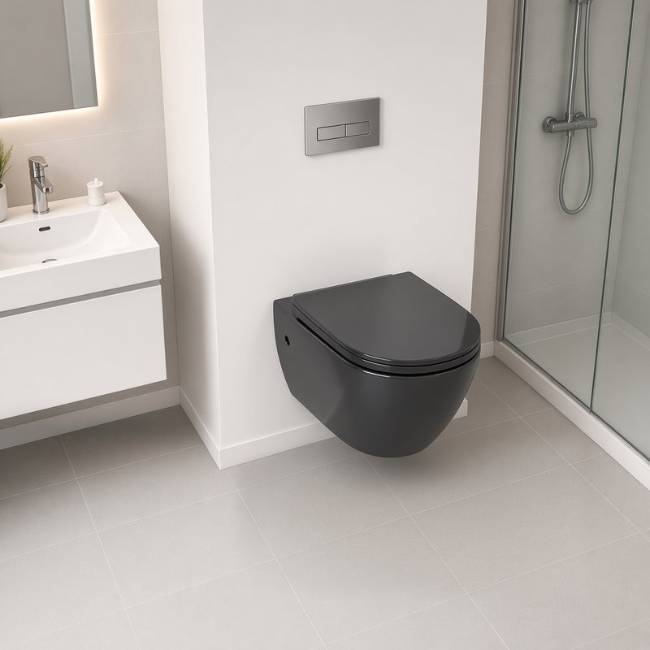 Black Capris wall-mount toilet in a modern bathroom, raised view