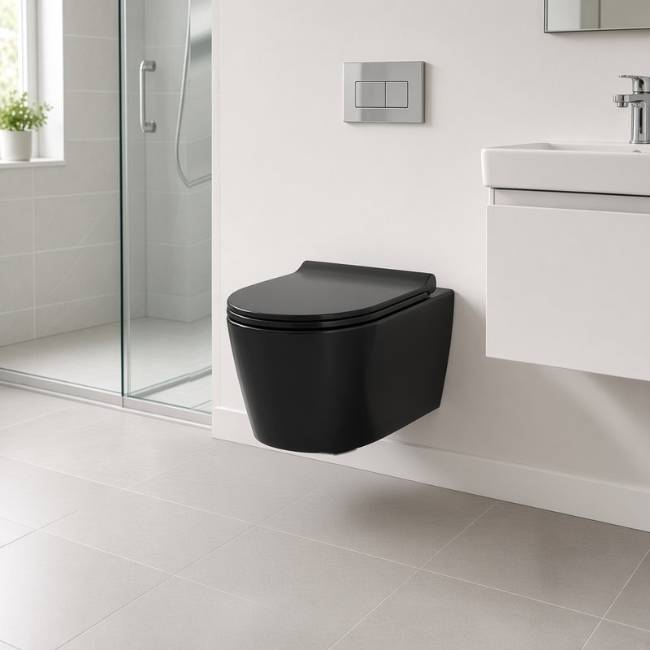 Black Despina wall-mount toilet in a modern bathroom, front-right view