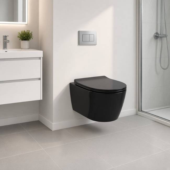 Black Despina wall-mount toilet in a modern bathroom, front-left view