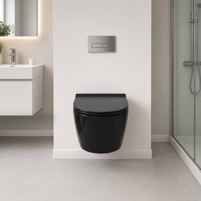 Black Despina wall-mount toilet in a modern bathroom, front view