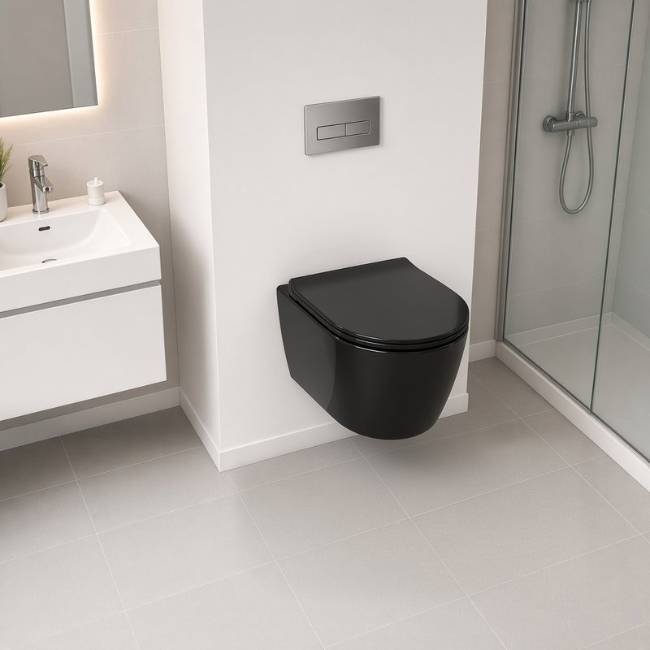 Black Despina wall-mount toilet in a modern bathroom, raised view