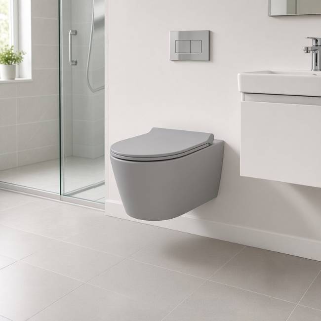 Gray Despina wall-mount toilet in a modern bathroom, front-right view