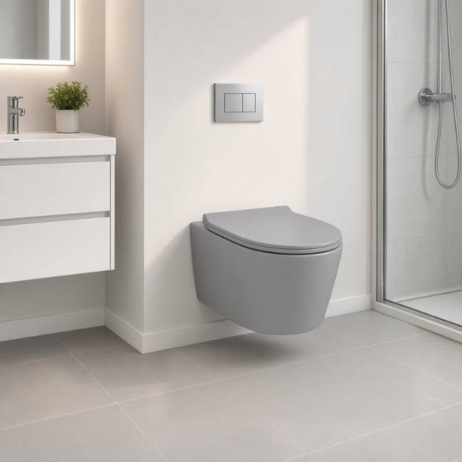 Gray Despina wall-mount toilet in a modern bathroom, front-left view