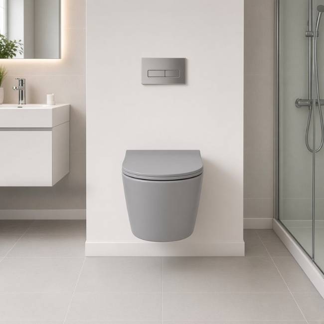 Gray Despina wall-mount toilet in a modern bathroom, front view
