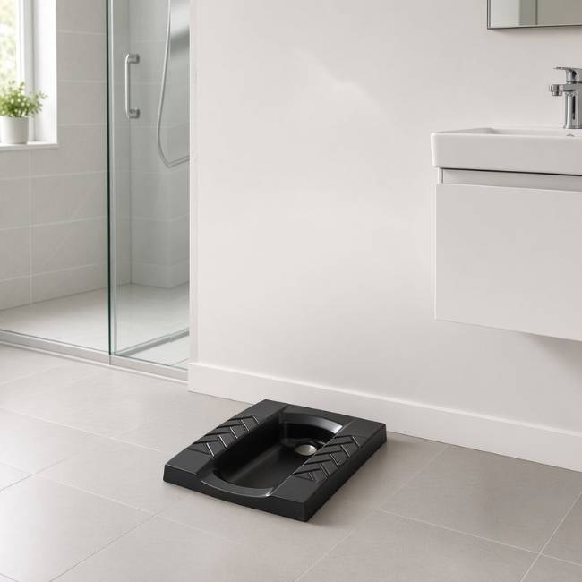 Black Morvarid Crown Deep squat toilet in a modern bathroom, front-right view
