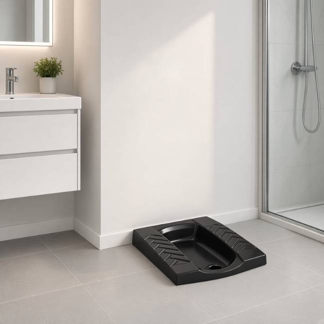 Black Morvarid Crown Deep squat toilet in a modern bathroom, front-left view