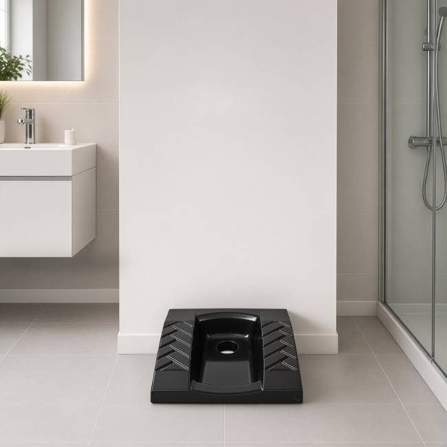 Black Morvarid Crown Deep squat toilet in a modern bathroom, front view