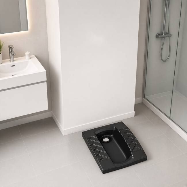Black Morvarid Crown Deep squat toilet in a modern bathroom, raised view