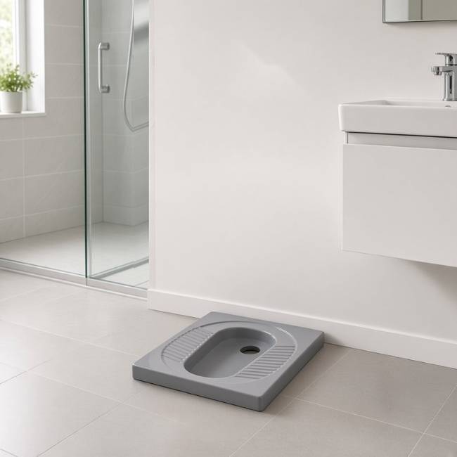 Gray Mondial Deep squat toilet in a modern bathroom, front-right view