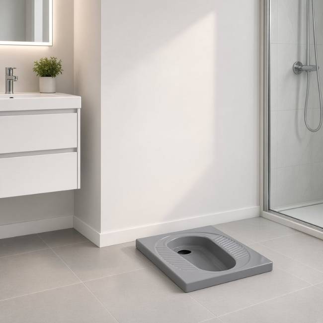 Gray Mondial Deep squat toilet in a modern bathroom, front-left view
