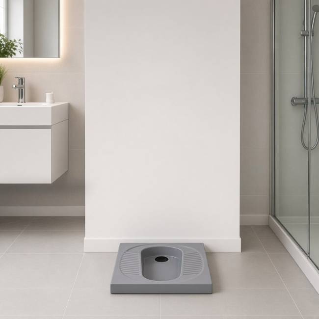 Gray Mondial Deep squat toilet in a modern bathroom, front view