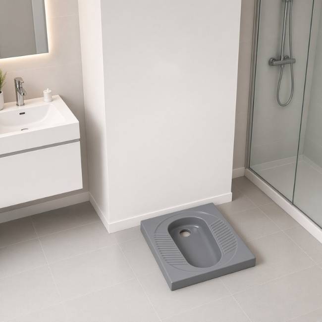 Gray Mondial Deep squat toilet in a modern bathroom, raised view