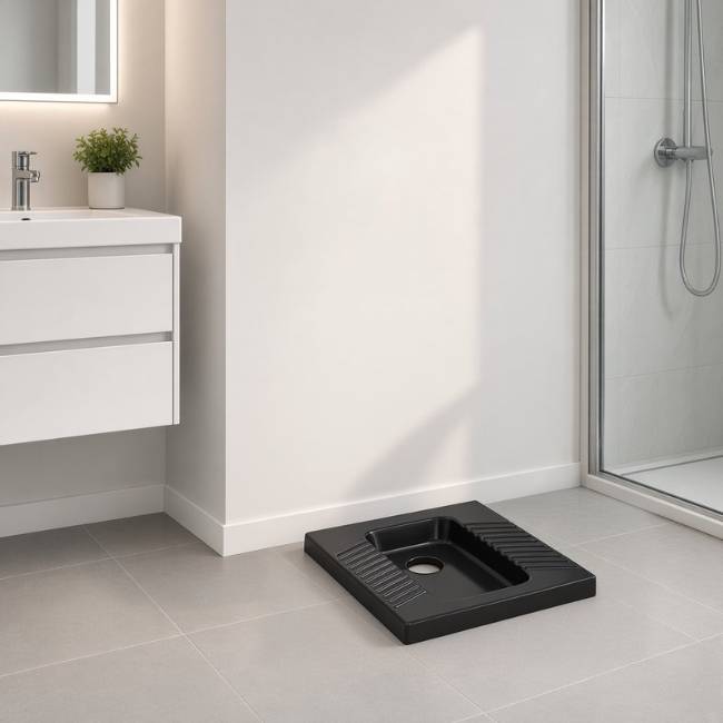 Black Morvarid Yaris squat toilet in a modern bathroom, front-left view