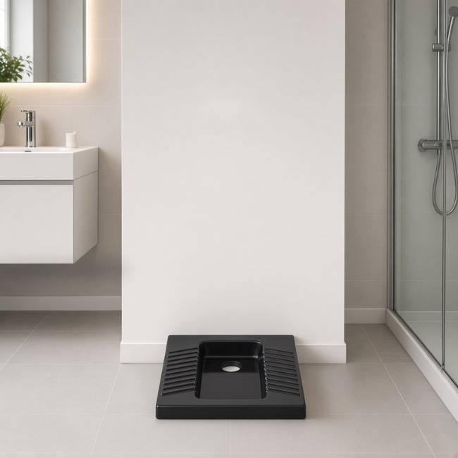Black Morvarid Yaris squat toilet in a modern bathroom, front view