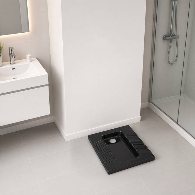 Black Morvarid Yaris squat toilet in a modern bathroom, raised view