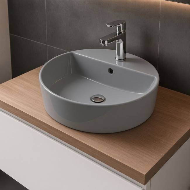 Grey Diana Morvarid countertop sink in a modern bathroom, front-right view