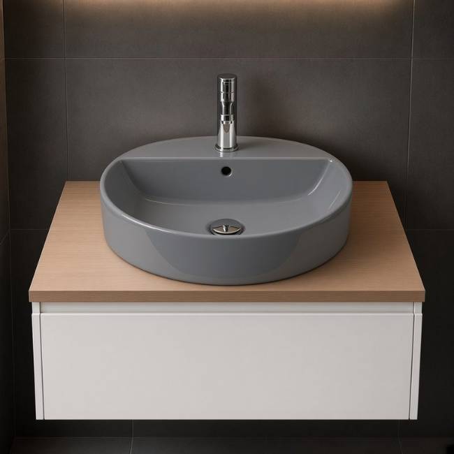 Grey Diana Morvarid countertop sink in a modern bathroom, front view