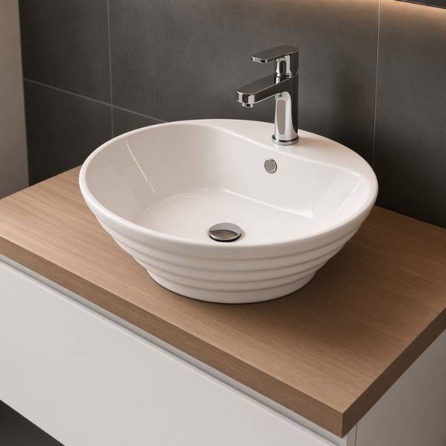 Oriental countertop basin in a modern bathroom, front-right view