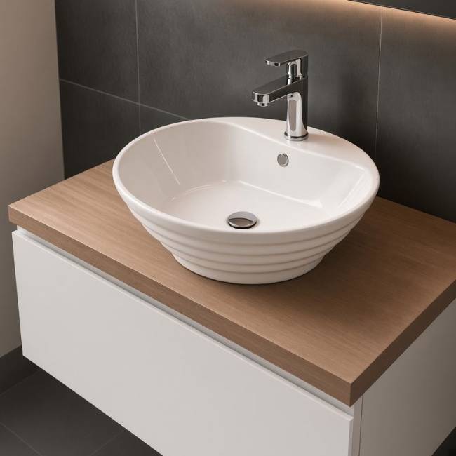 Oriental countertop basin in a modern bathroom, front-left view