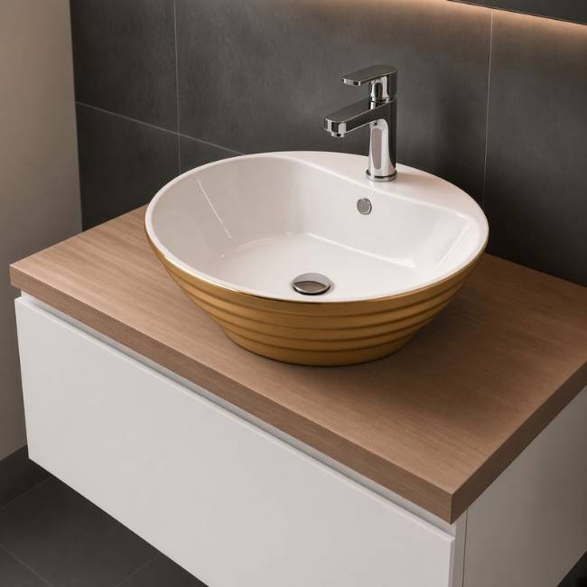 Morvarid Oriental countertop Gold sink in a modern bathroom, front-left view