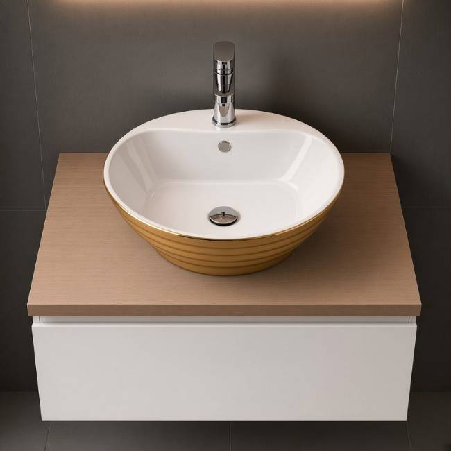 Morvarid Oriental countertop Gold sink in a modern bathroom, front view