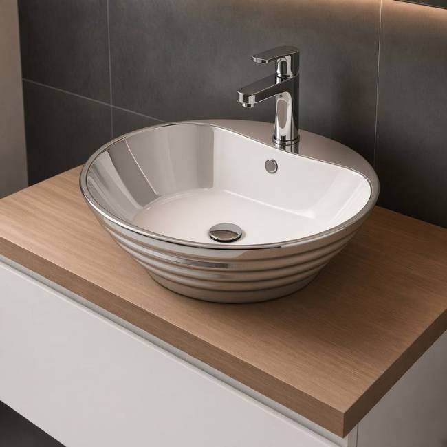 Oriental countertop Silver sink in a modern bathroom, front-right view