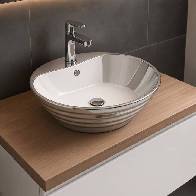 Oriental countertop Silver sink in a modern bathroom, front-left view